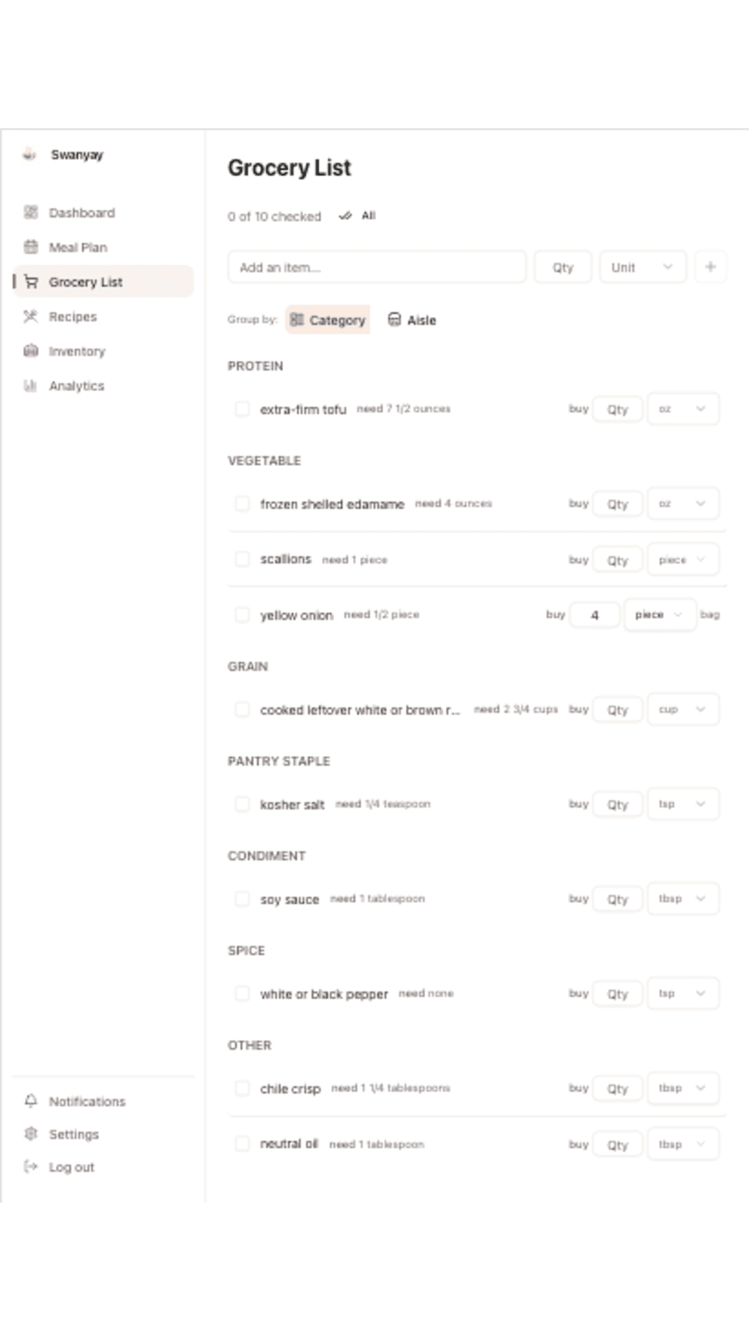 Swanyay meal plan on tablet